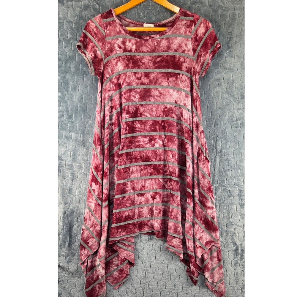 ODDY Womens Burgundy Tie Dye Striped Handkerchief Hem Tunic Top Short Sleeve S